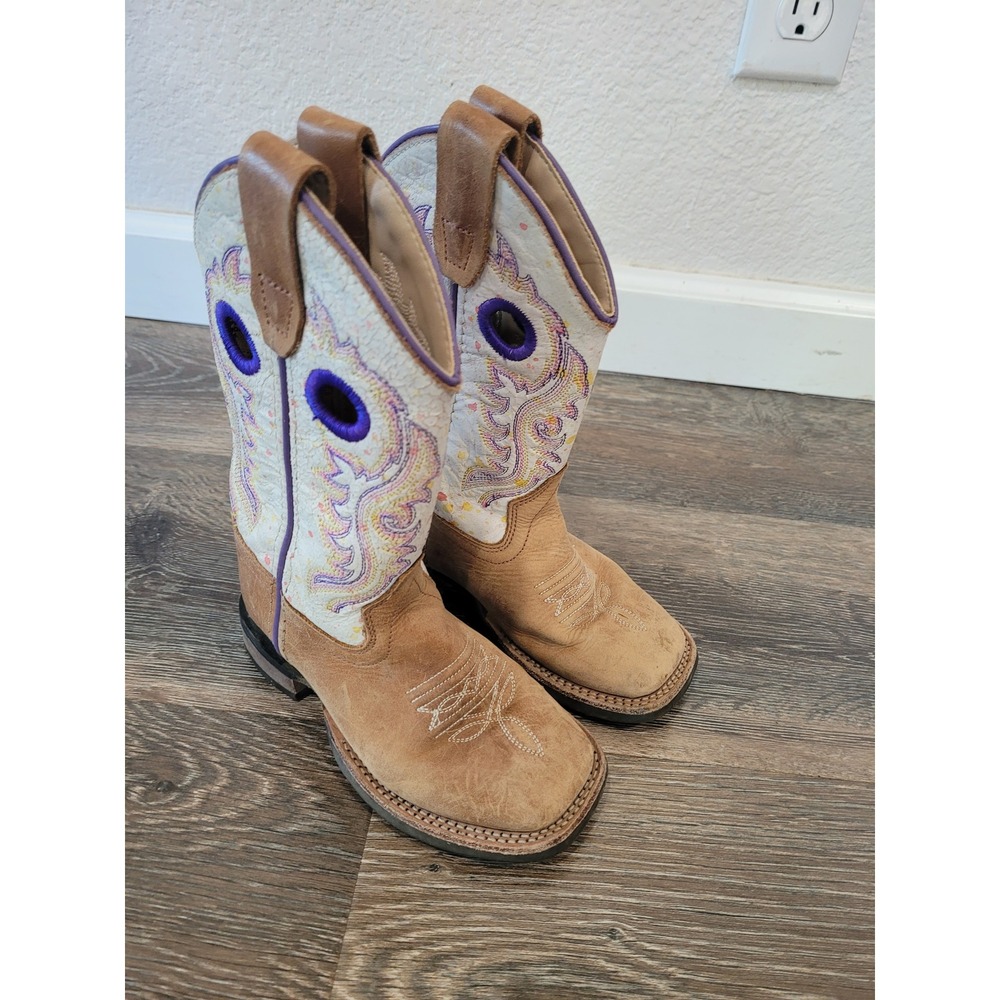 Old West Kids Tan Leather Square Toe Cowboy Boots BSC1994 Size 9.5 D #4